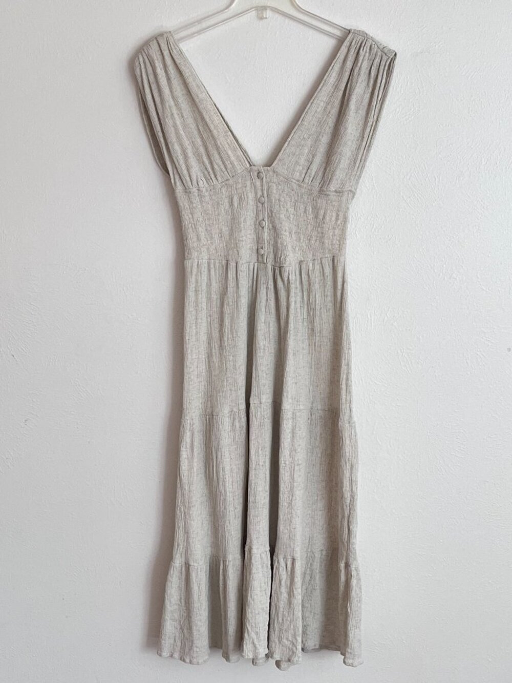 ASOS Design Beige Crinkle Tiered Smocked Cotton Linen Midi Dress 6 Boho Coastal